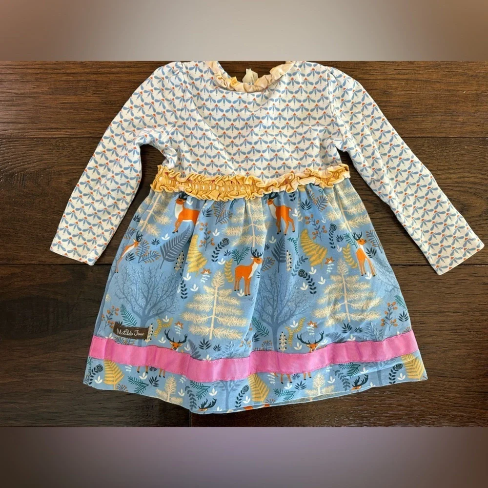 Matilda Jane Colorful Kids Dress with Deer Print- size 12/18 months